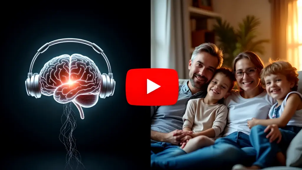 Video Player showing a brain with bridge waves on left and family on right with a play button in middle center.
